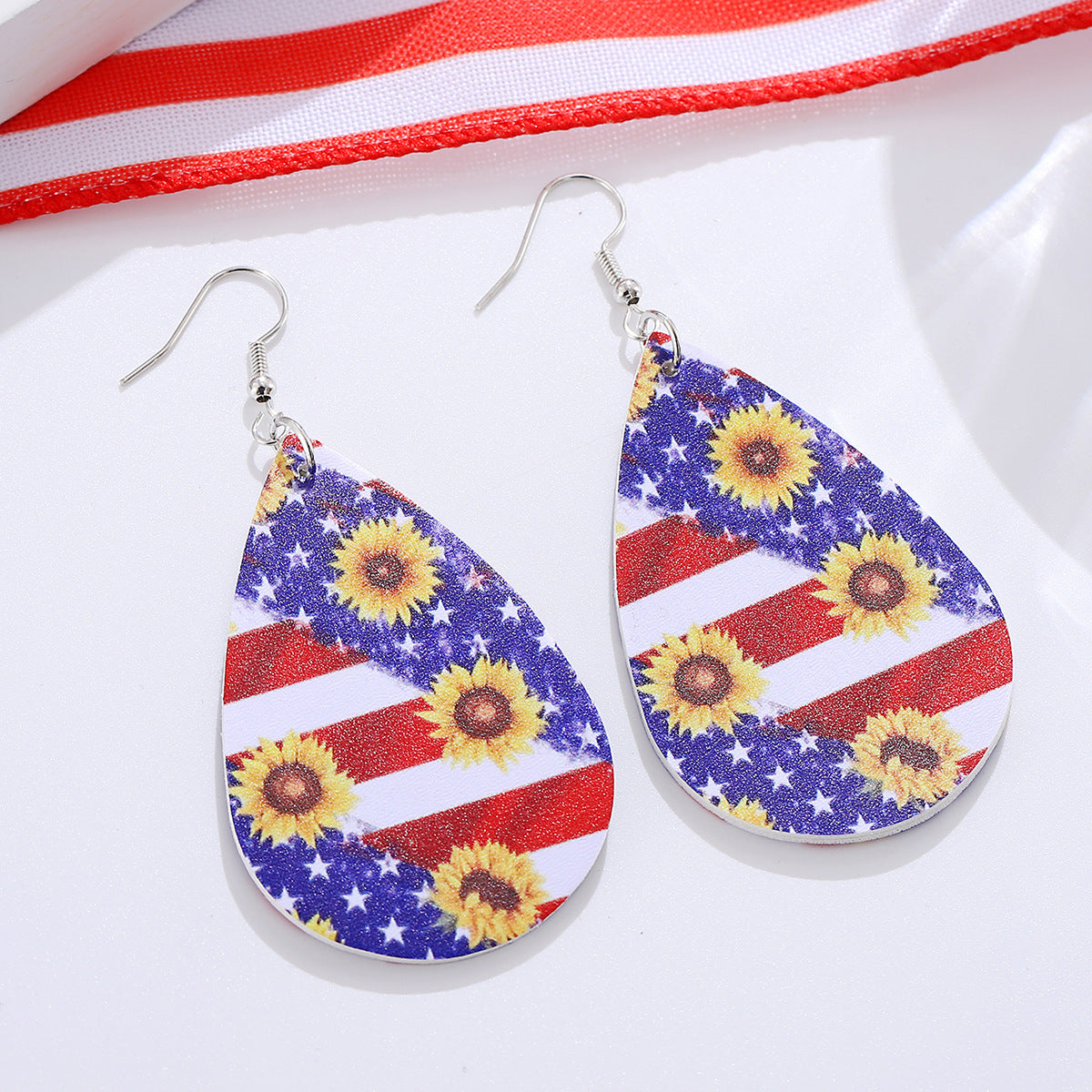 Wholesale Independence Day Red, White and Blue American Flag Flower Double-Sided Earrings