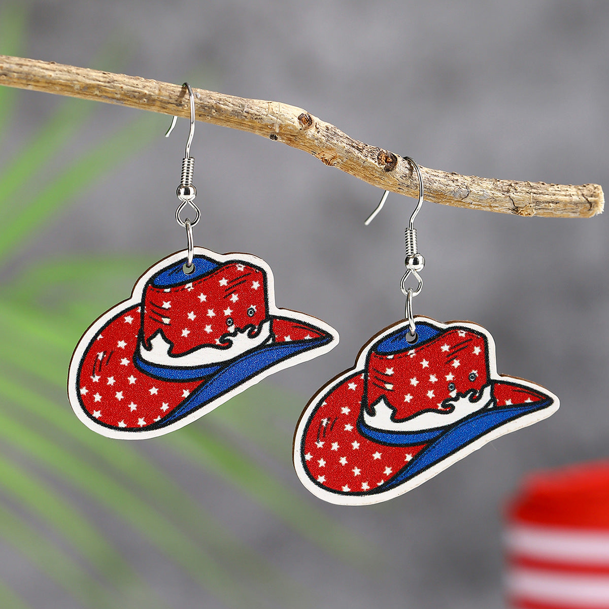 Wholesale  US Independence Day Element Wooden Water Drop Earrings