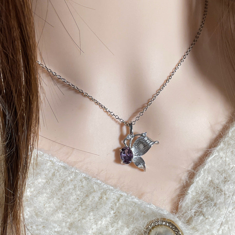 Wholesale Purple Diamond Butterfly Brushed Irregular  Ring Necklace