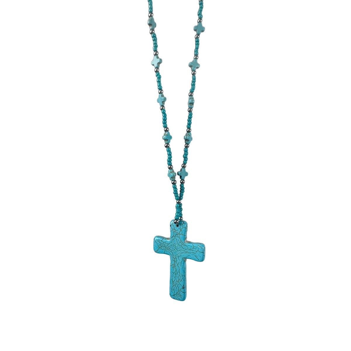 Wholesale White Imitation Turquoise Cross Bead Long Necklace Bohemian Sweater Chain Fashion Accessory for Everyday Wear