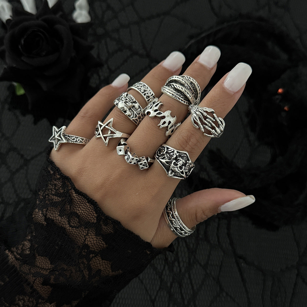 Wholesale Alloy Antique Silver Ring Set  Gothic Snake Bat Motif Fashion Accessory