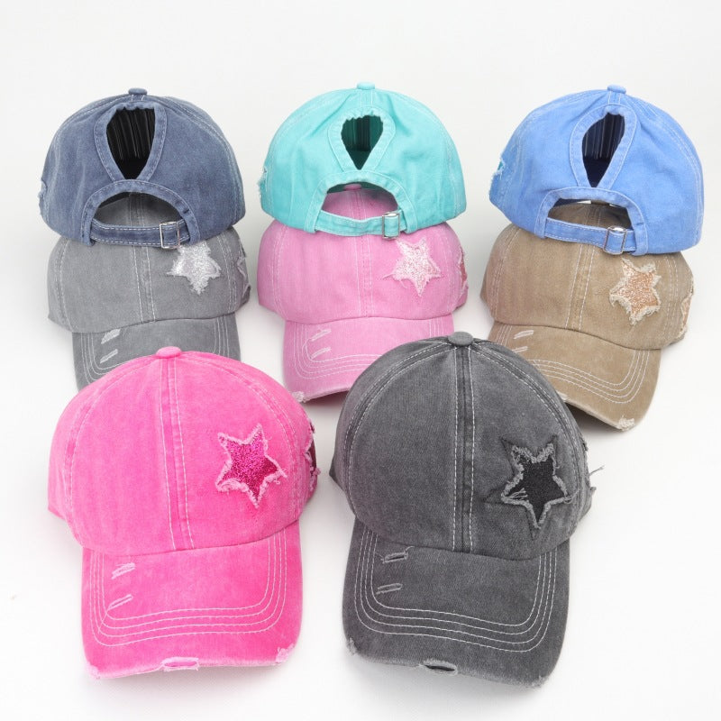 Wholesale  five-pointed star sequined ponytail ripped baseball cap