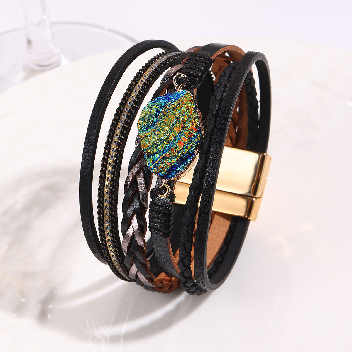 Wholesale Bohemian Multi-Layer Handmade Leather Bracelet with Magnetic Buckle Chic Fashion Accessory for Boutique Resale