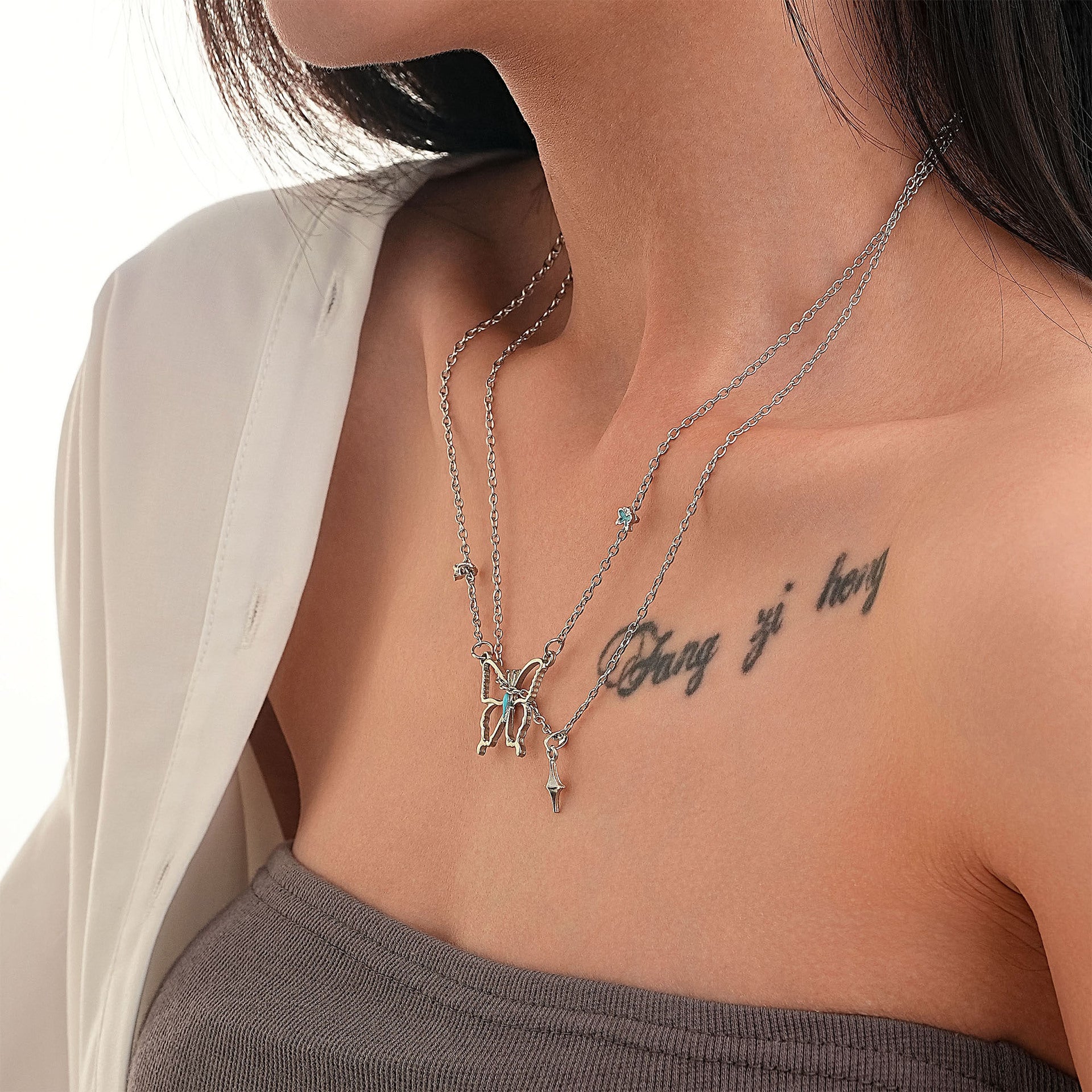 Wholesale necklace fashion hollow oil butterfly double-layer necklace