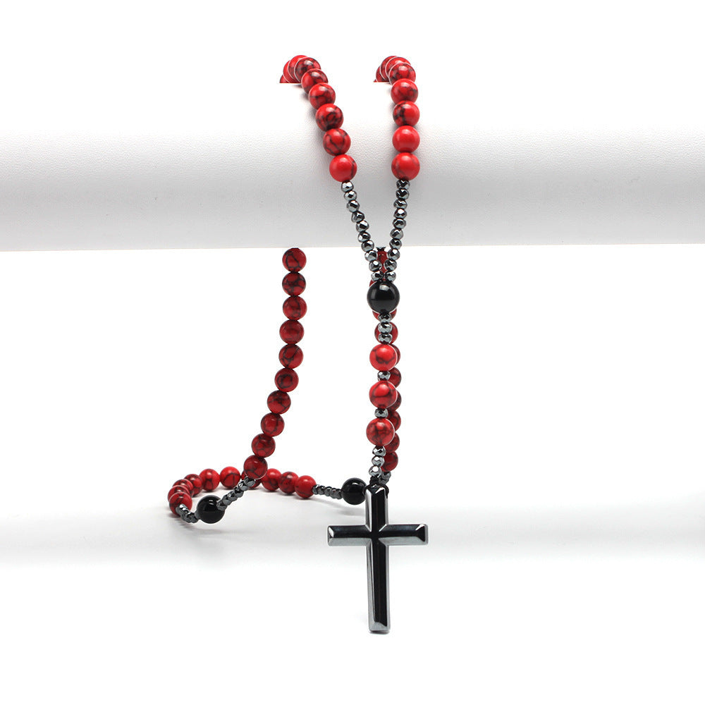 Wholesale natural stone 8mm red turquoise black agate black gallstone cross rosary beads men' s necklace