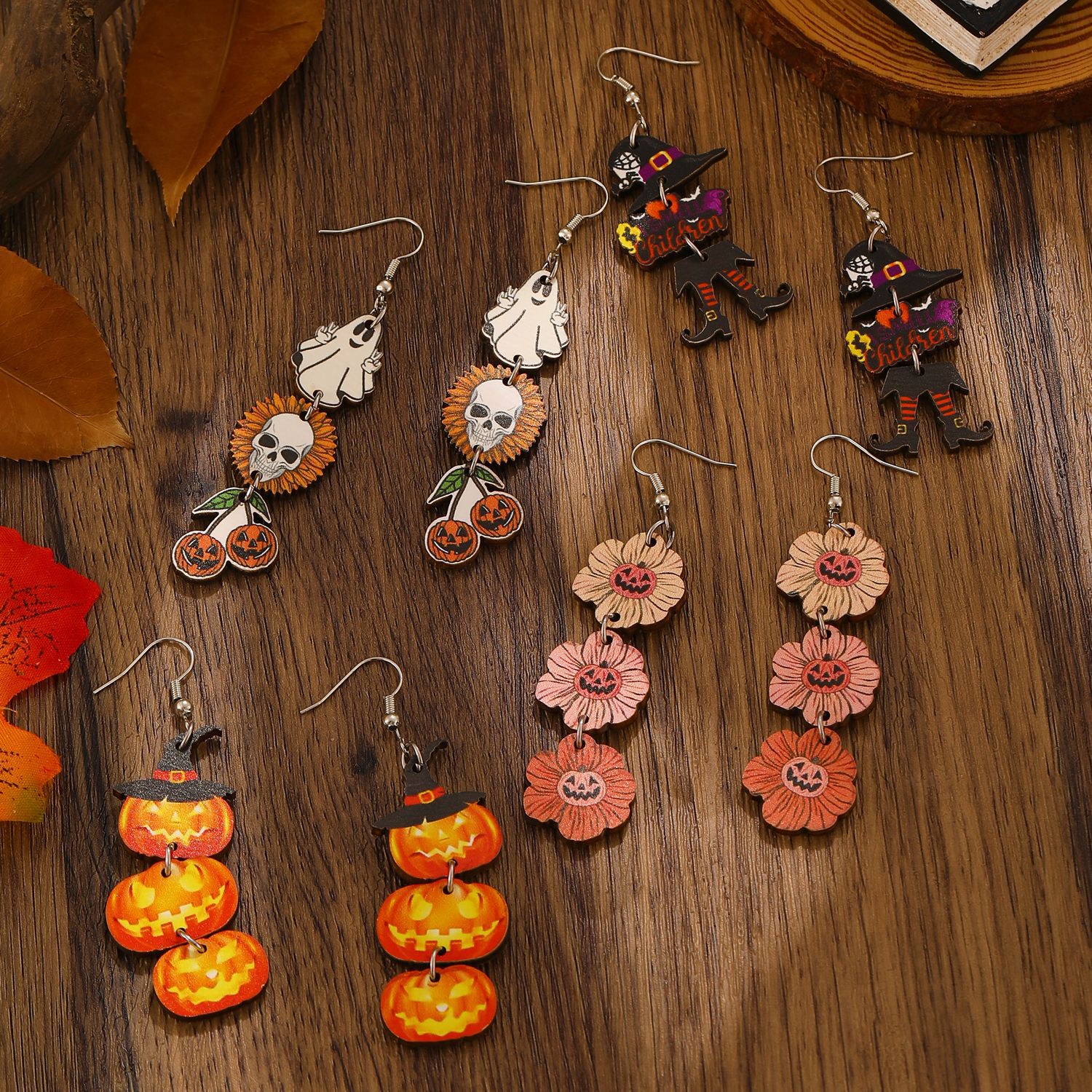 Wholesale  Pumpkin Skull Ghost Printed Wood Earrings Women' s Jewelry Accessory