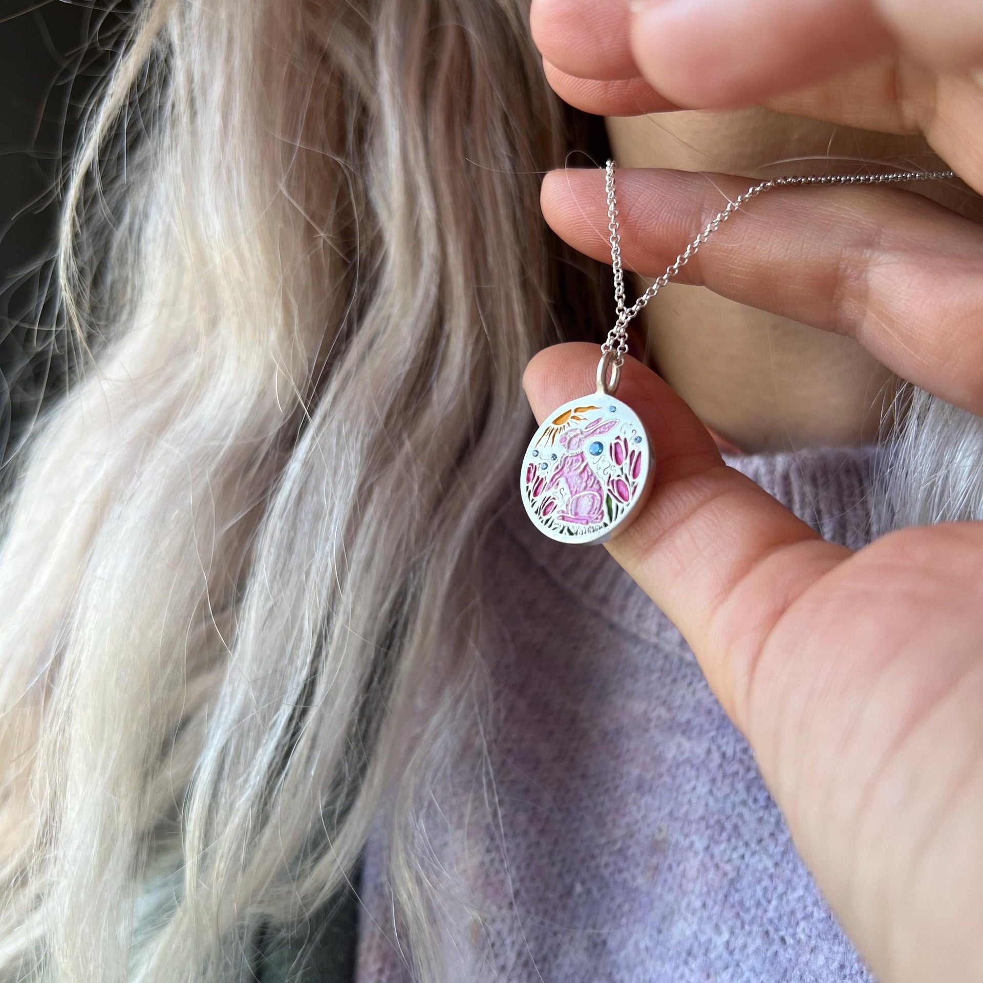 Wholesale Titanium Steel Bow Painted Oil Dropping Rabbit Element Pet Oval Tarot Necklace