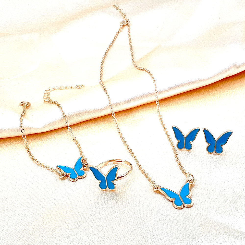 Wholesale Chic White Butterfly Jewelry Set Alloy Necklace Ring Earrings Everyday Wear Accessory For Women