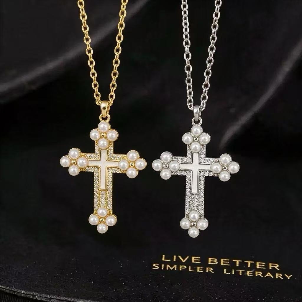 Wholesale Stylish Cross Pearl Necklace Gold Tone Copper Zircon Fashion Accessory For Women Boutique Resale Gift
