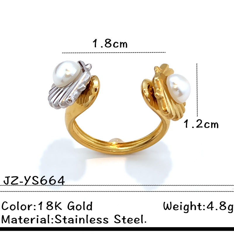 Wholesale Stainless steel starfish shell ring with pearl setting and open design