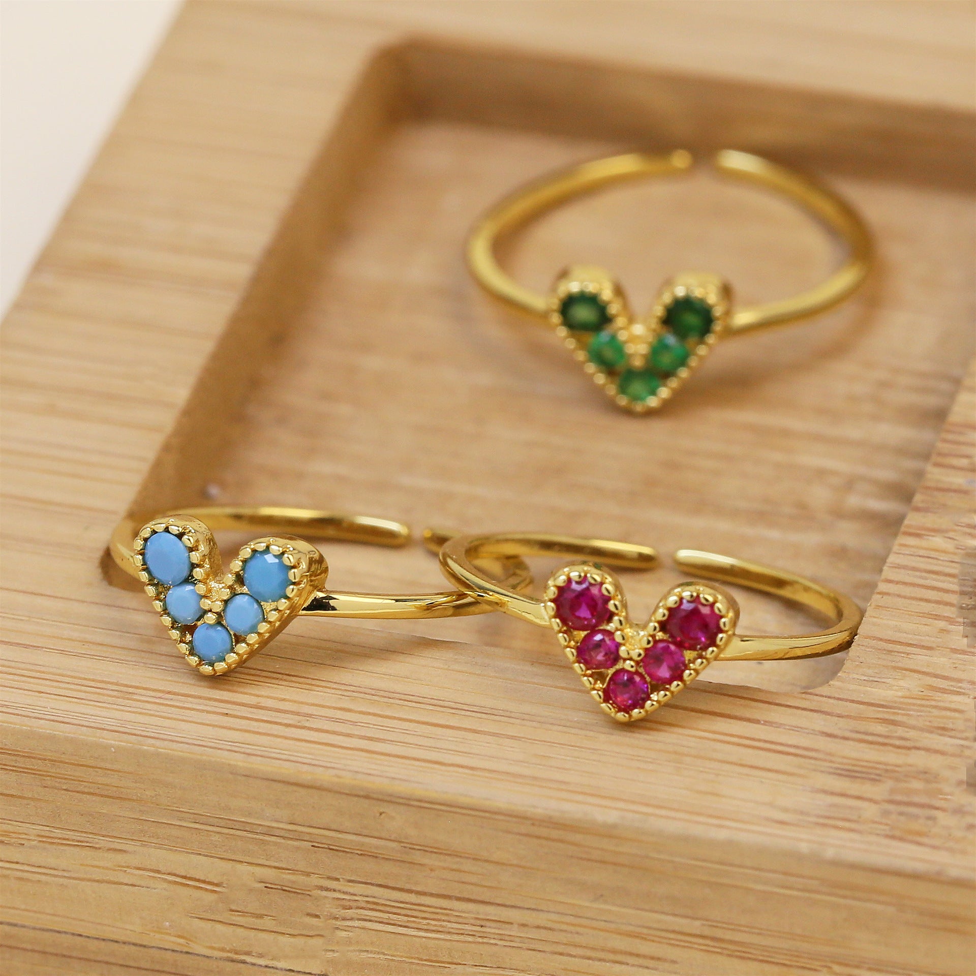 Wholesale  Popular Brass 18K Gold-Plated Real Gold Color Zirconium Heart-Shaped Open Women's Ring