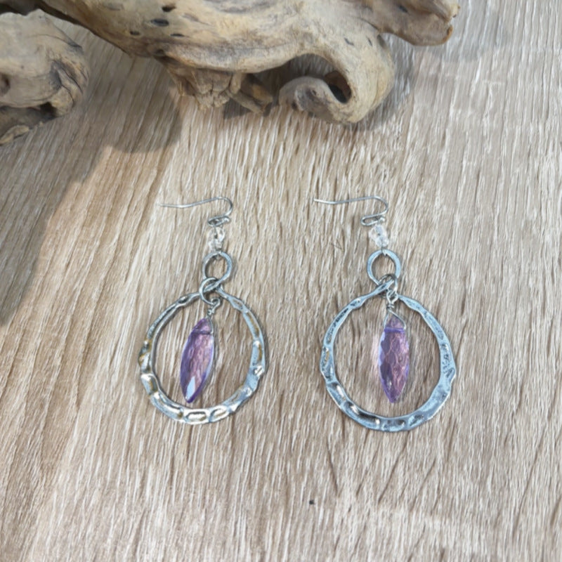 Wholesale Bohemian retro round stitching purple water drop resin alloy earrings