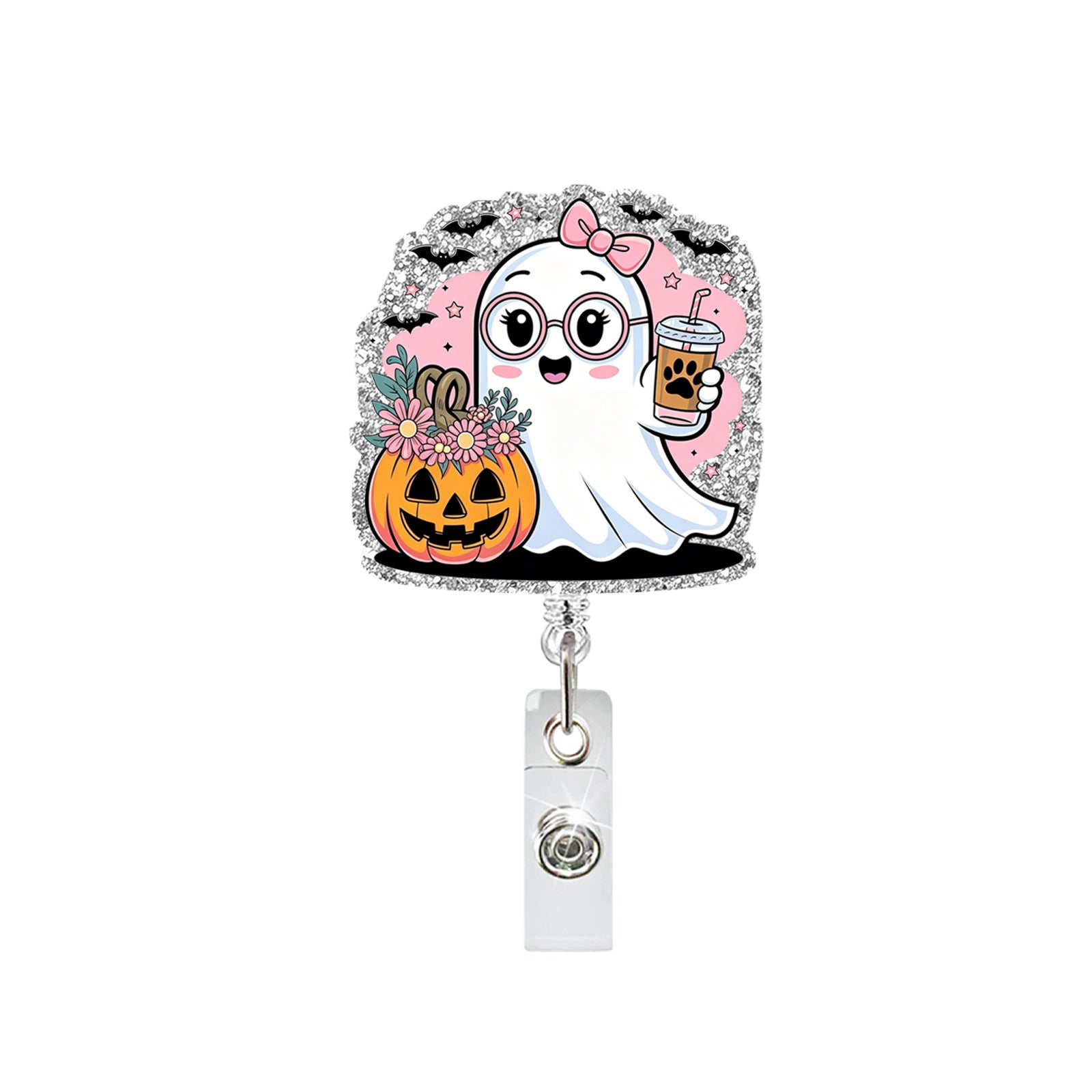 Wholesale Acrylic Pink Ghost Retractable Badge Holder  ID Badge Reel Fashion Accessory