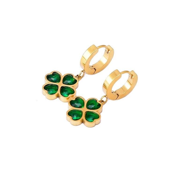 Wholesale Vintage Emerald Diamond Love Flower Earrings Four-leaf Clover Titanium Steel Earrings ACC-ES-BTB001