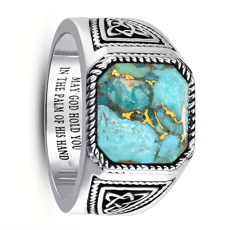 Wholesale Geometric Blue Zircon Ring with Vintage Texture for Casual Streetwear Jewelry Accessory