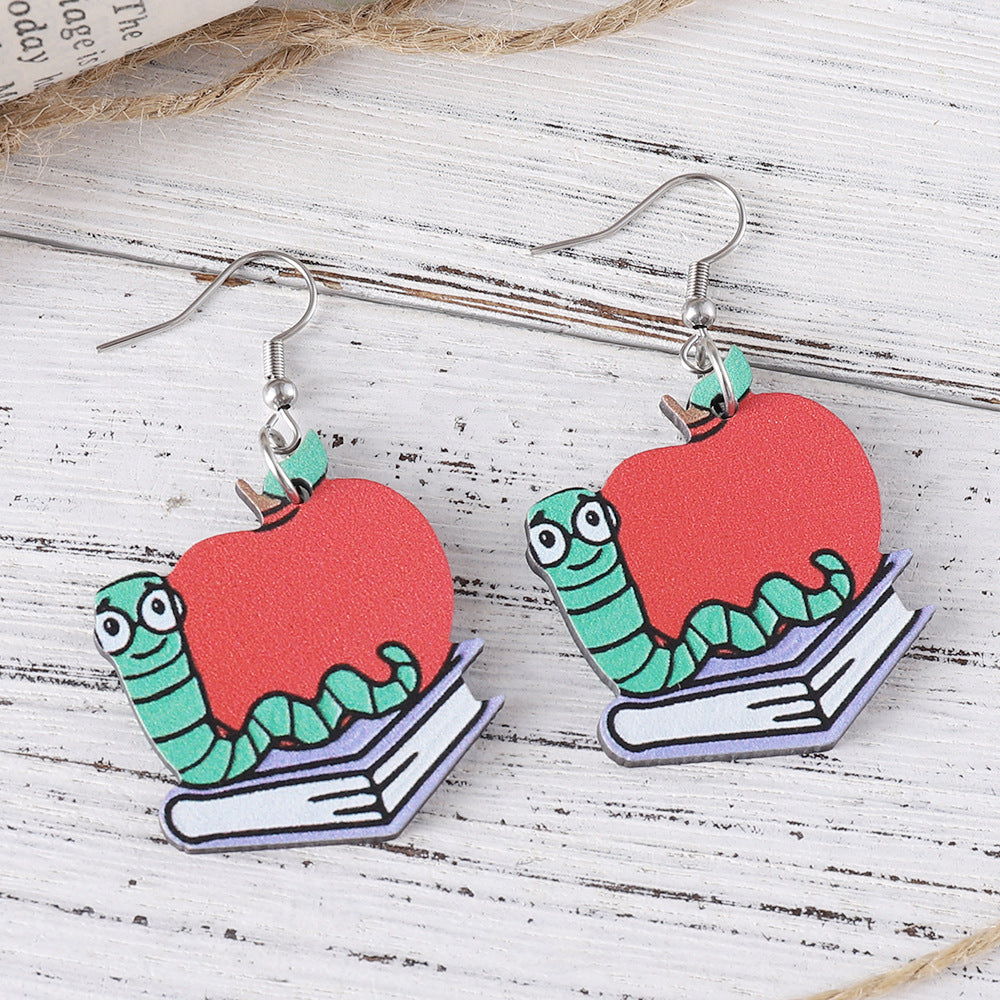 Wholesale globe books calculator scissors wooden double-sided earrings