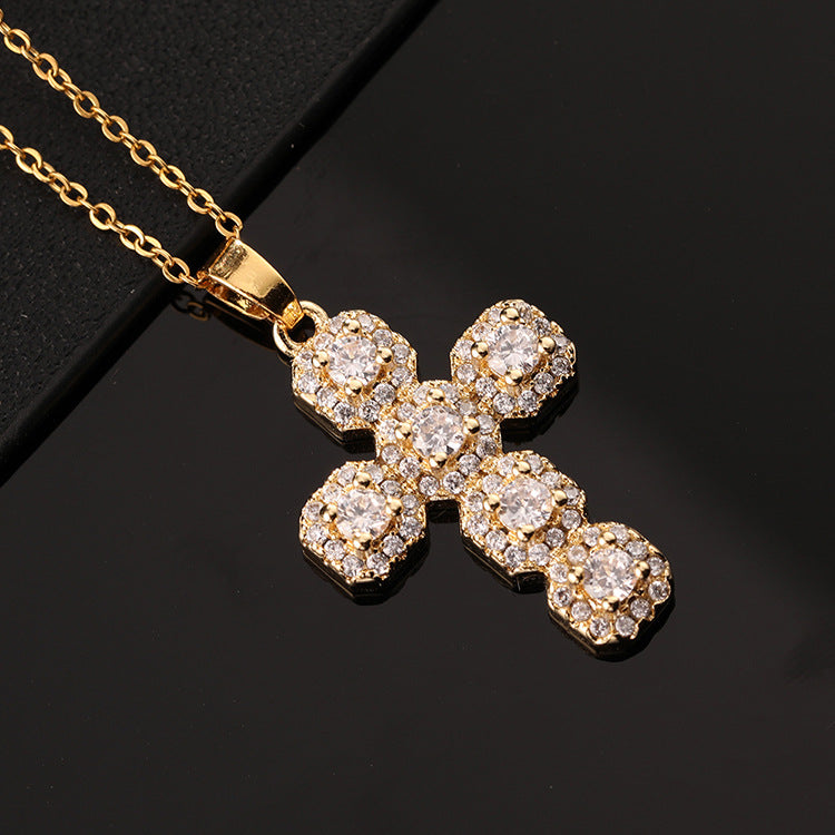 Wholesale Boutique Copper Cross Pendant Necklace Micro Inlaid Religious Jewelry Accessory