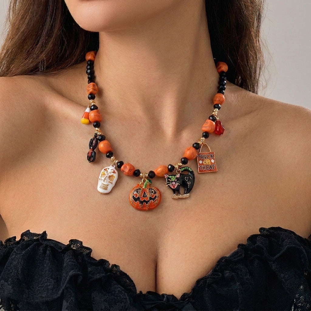 Wholesale  Pendant Necklace Pumpkin Bat Ghost Vintage Orange Black Beaded Choker Holiday Party Jewelry Gift