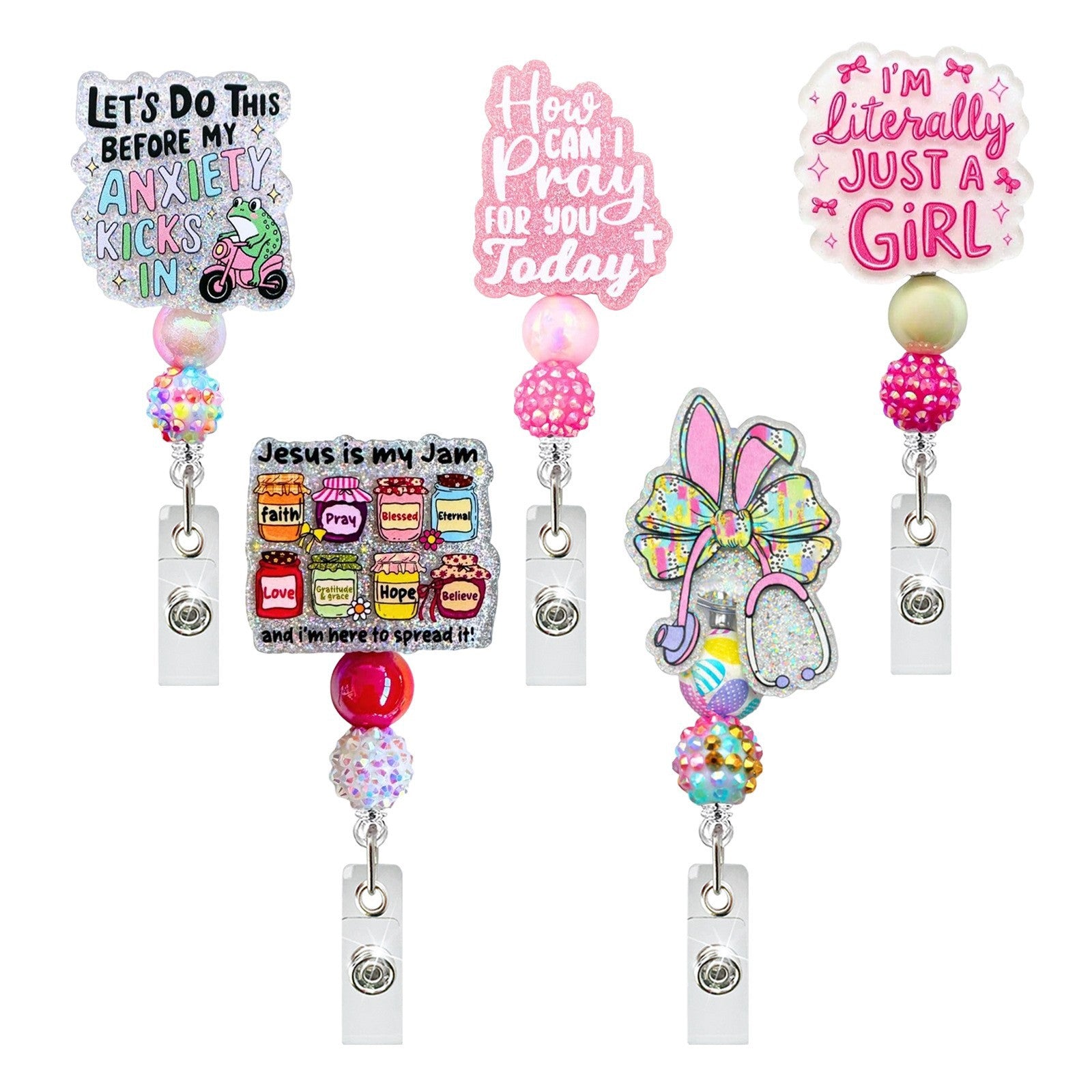 Wholesale Pink Acrylic Bowknot Retractable Badge Reel Keychain with Crocodile Clip - Trendy Car Key Accessory