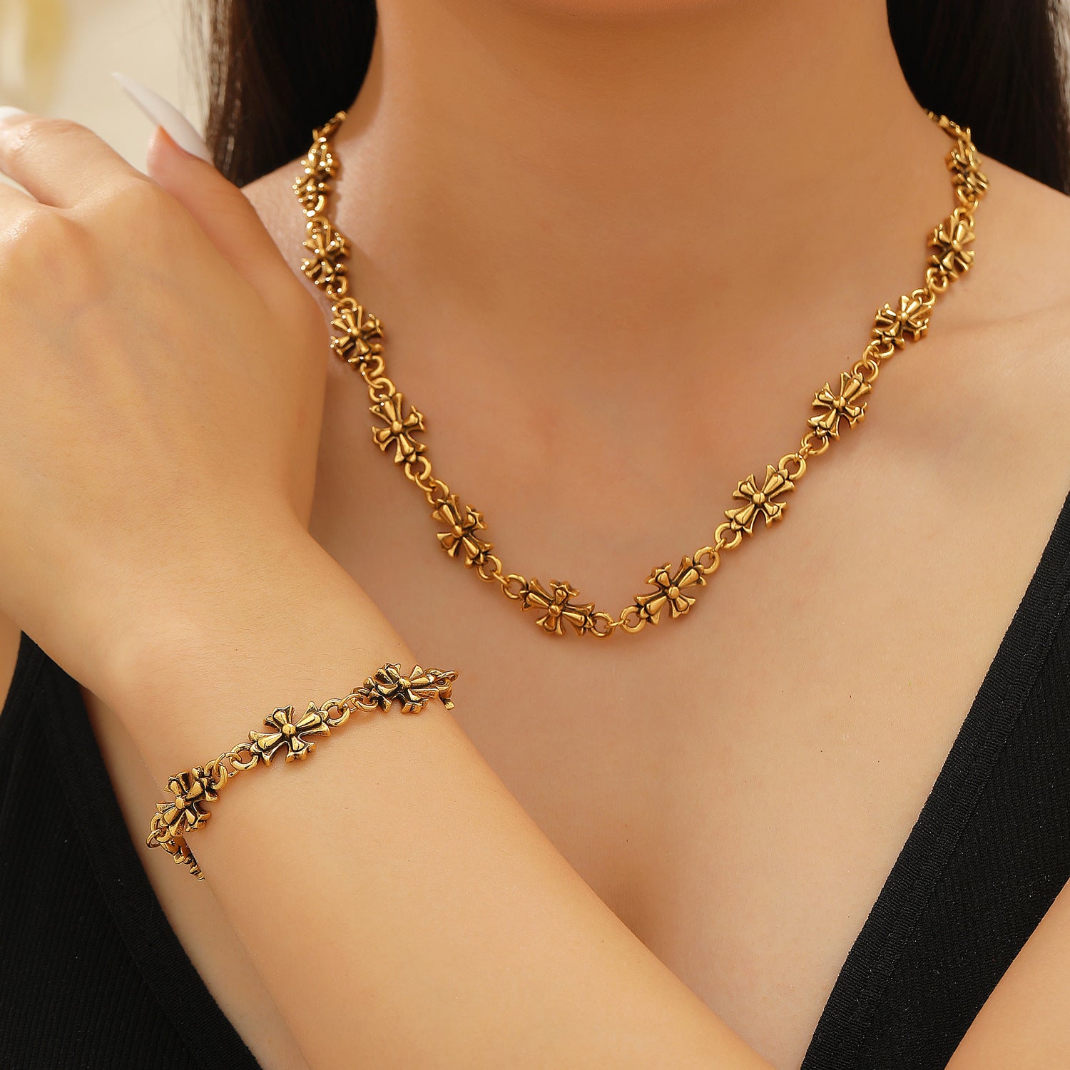 Wholesale European and American Cross-Border Gothic Cross Men' s Alloy Bracelet Retro Dark Style Versatile Necklace Set Jewelry for Women