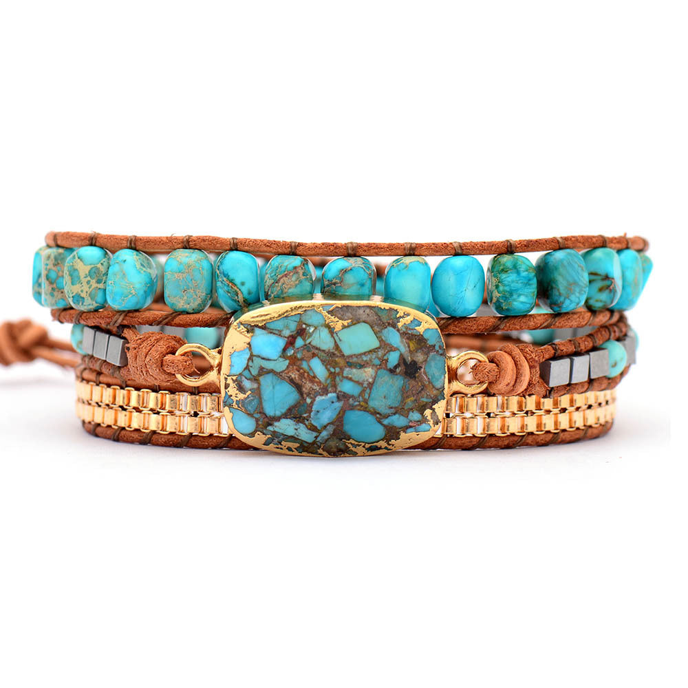 Wholesale Bohemian Style Emperor Stone Cut Angle Turquoise Hand-woven Triple Wrap Leather Cord Bracelets ACC-BT-LZ010