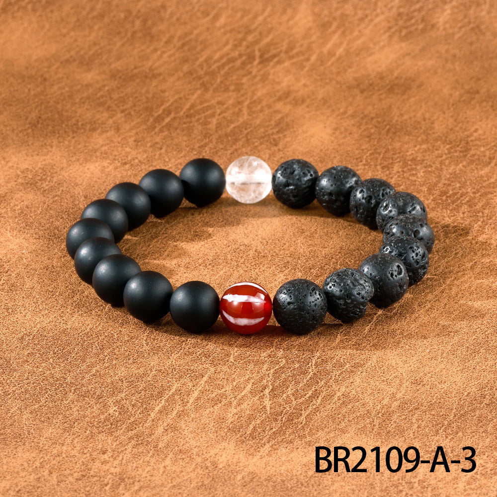 Wholesale Men' s semi-precious stone wolf head bracelet frosted black agate elastic bracelet