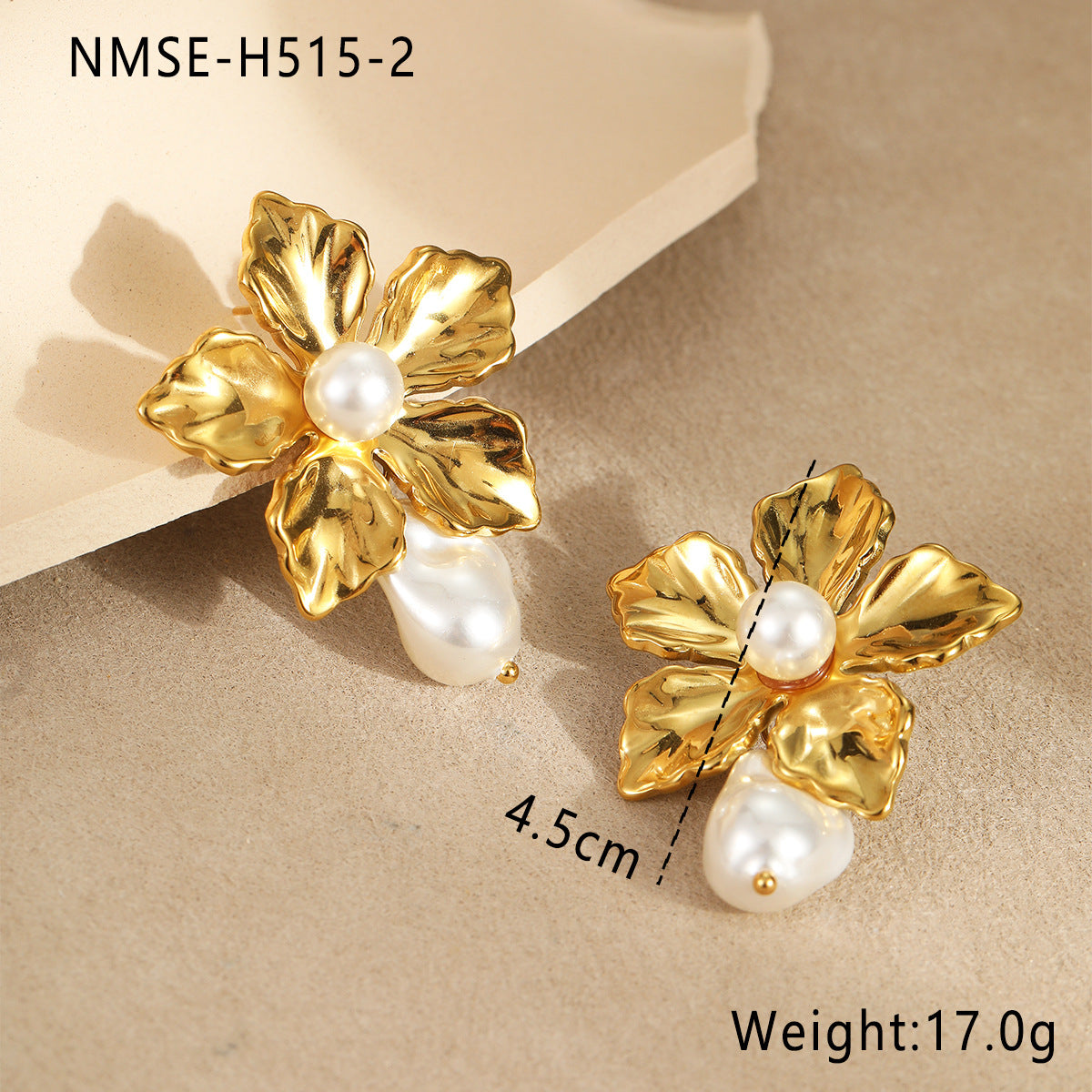 Wholesale  retro baroque pearl flowers stainless steel 18K gold earrings