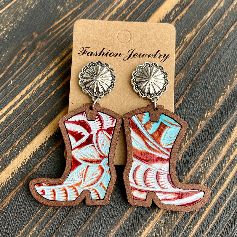 Wholesale Western Denim boots earrings  leopard leather  earrings