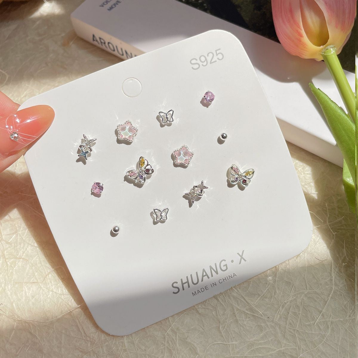 Wholesale Summer butterfly earrings set versatile exquisite zircon pink earrings