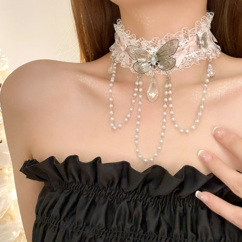 Wholesale  Lace Butterfly Pearl Tassel Bow Necklace