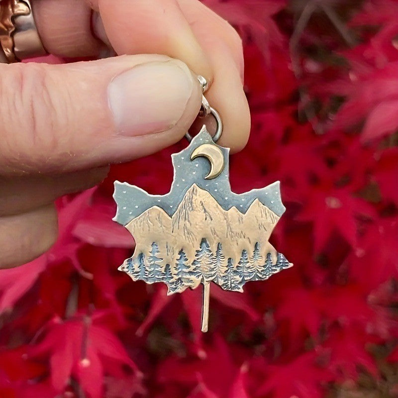 Wholesale  Retro Moon Night Mountain Forest Pattern Maple Leaf Shape Necklace