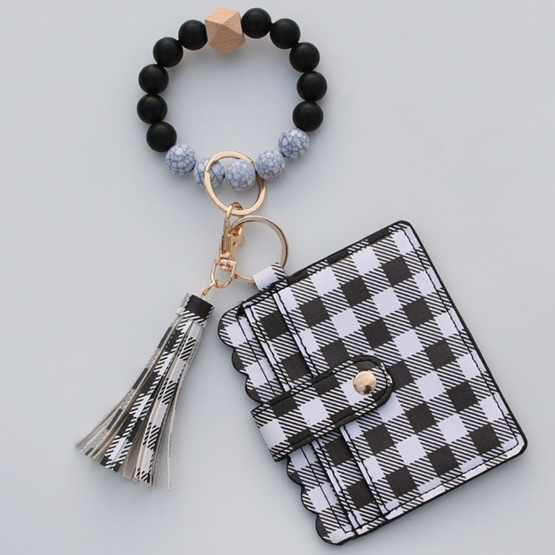 Wholesale Leopard Plaid Western Style Card Holder Silicone Beaded Wristlet Keychain ACC-KC-QiuXue011