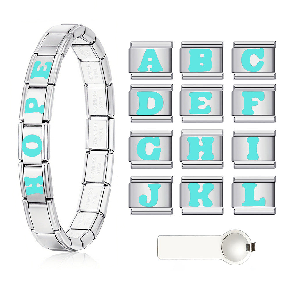 Wholesale Italian Charm Br Popular DIY Italian Modular Bracelet Titanium Steel Sky Blue English Letters Simple