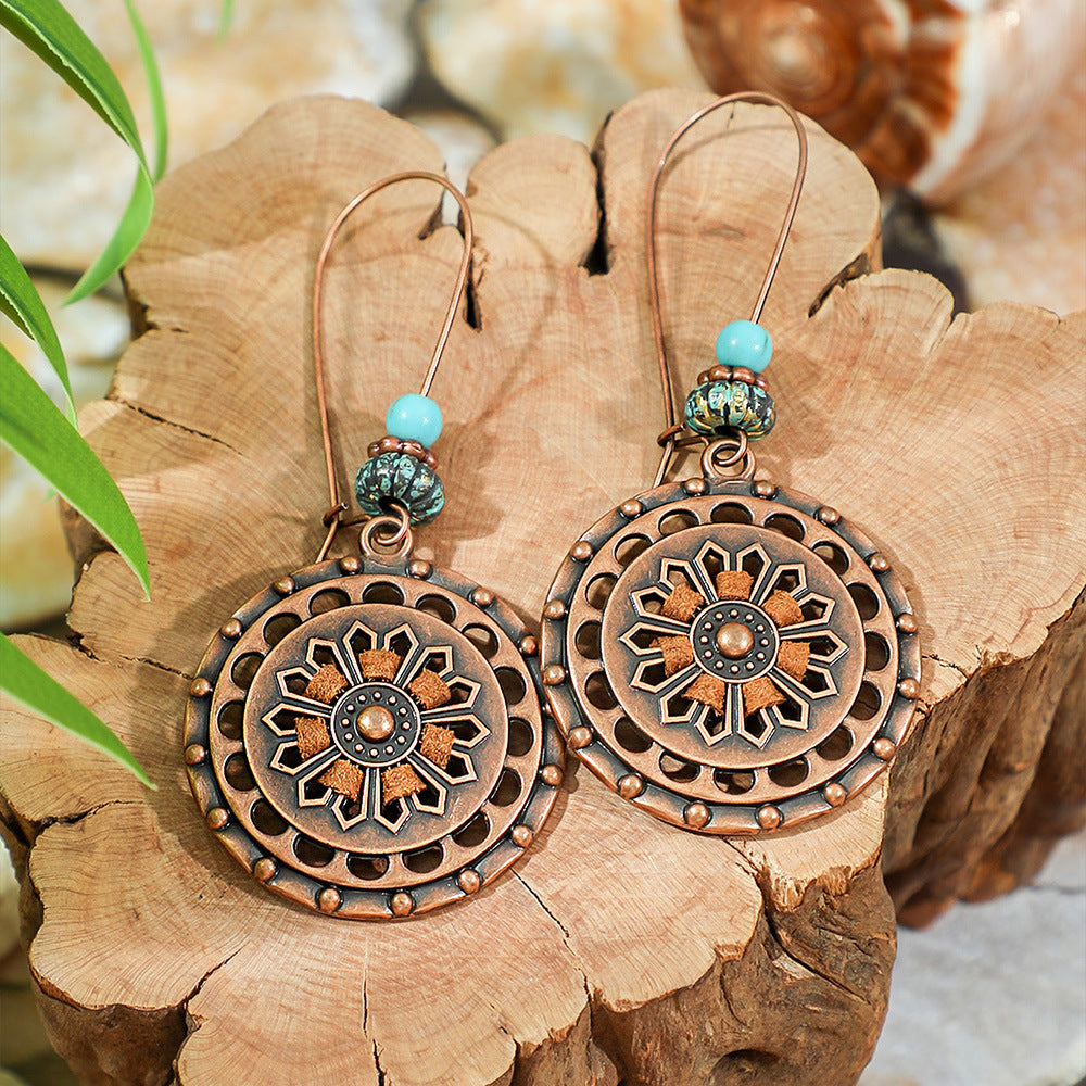 Wholesale Retro Bohemian Alloy Electroplated Jewelry Set Round Hollow Earrings Long Necklace Party Wear
