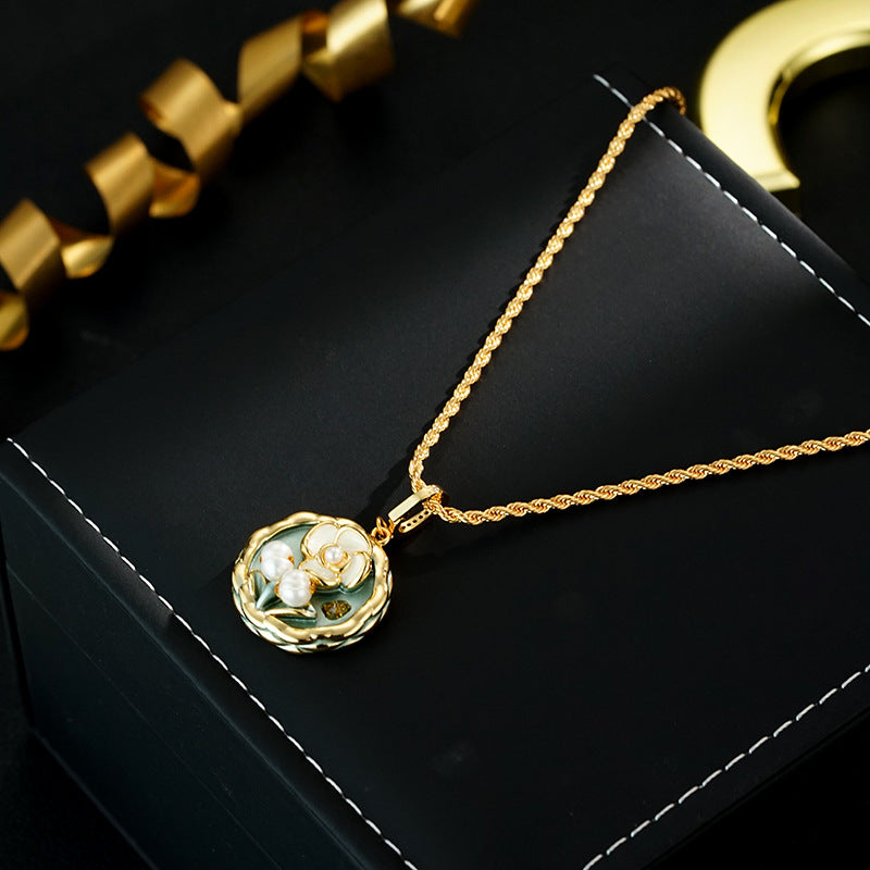 Wholesale  Green Oil Painting Style Natural Freshwater Drop Flower Round Pendant Necklace