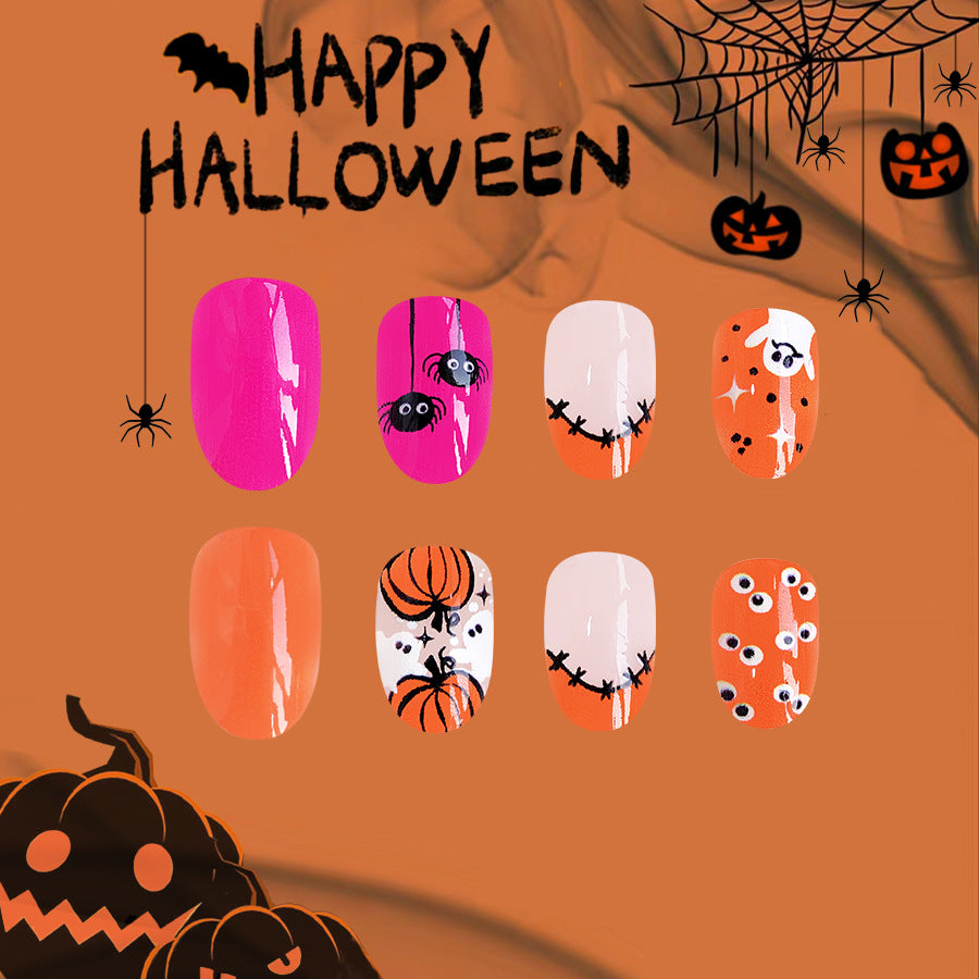 Wholesale 24 Pieces/box Halloween Pumpkin Orange Ghost Press-on Nails Kits Nail Stickers ACC-NS-GuaiXL078