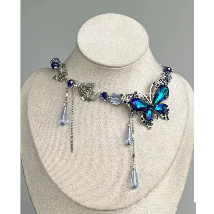Wholesale Blue Diamond Butterfly Water Drops Tassel Necklace