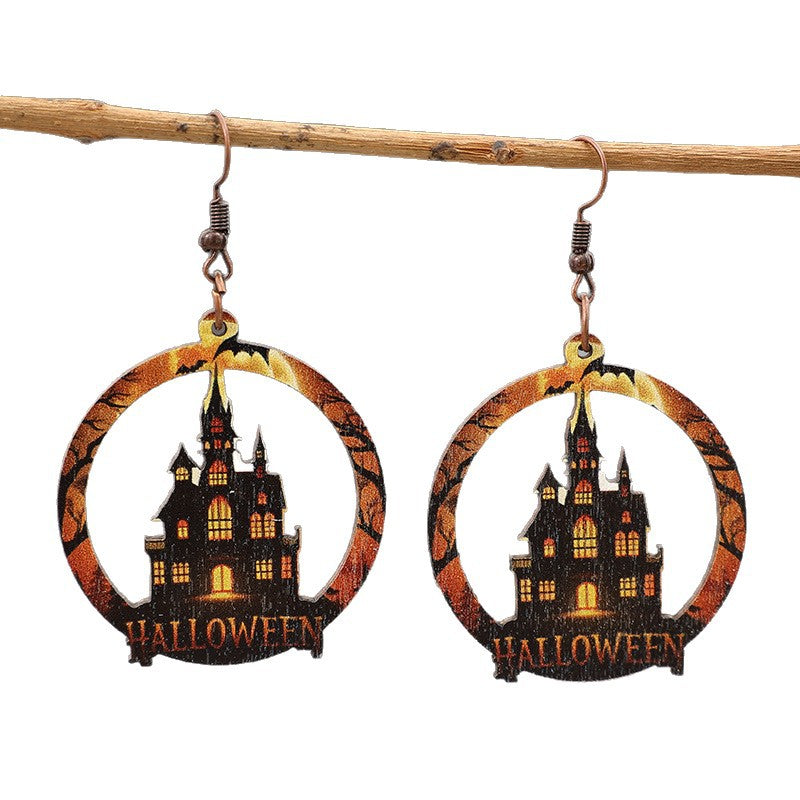 Wholesale Wooden Bat Moon Castle Earrings  Hollow Round Gothic Jewelry Gift