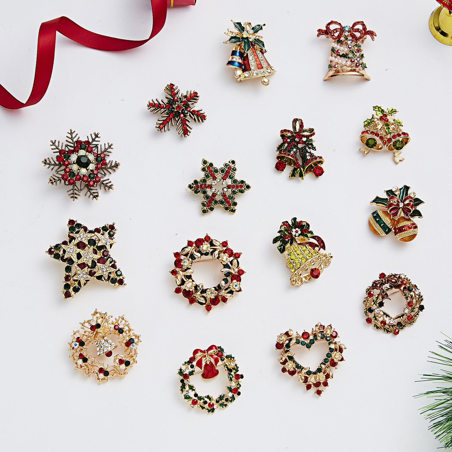Wholesale Garland bell bow rhinestone Christmas brooch