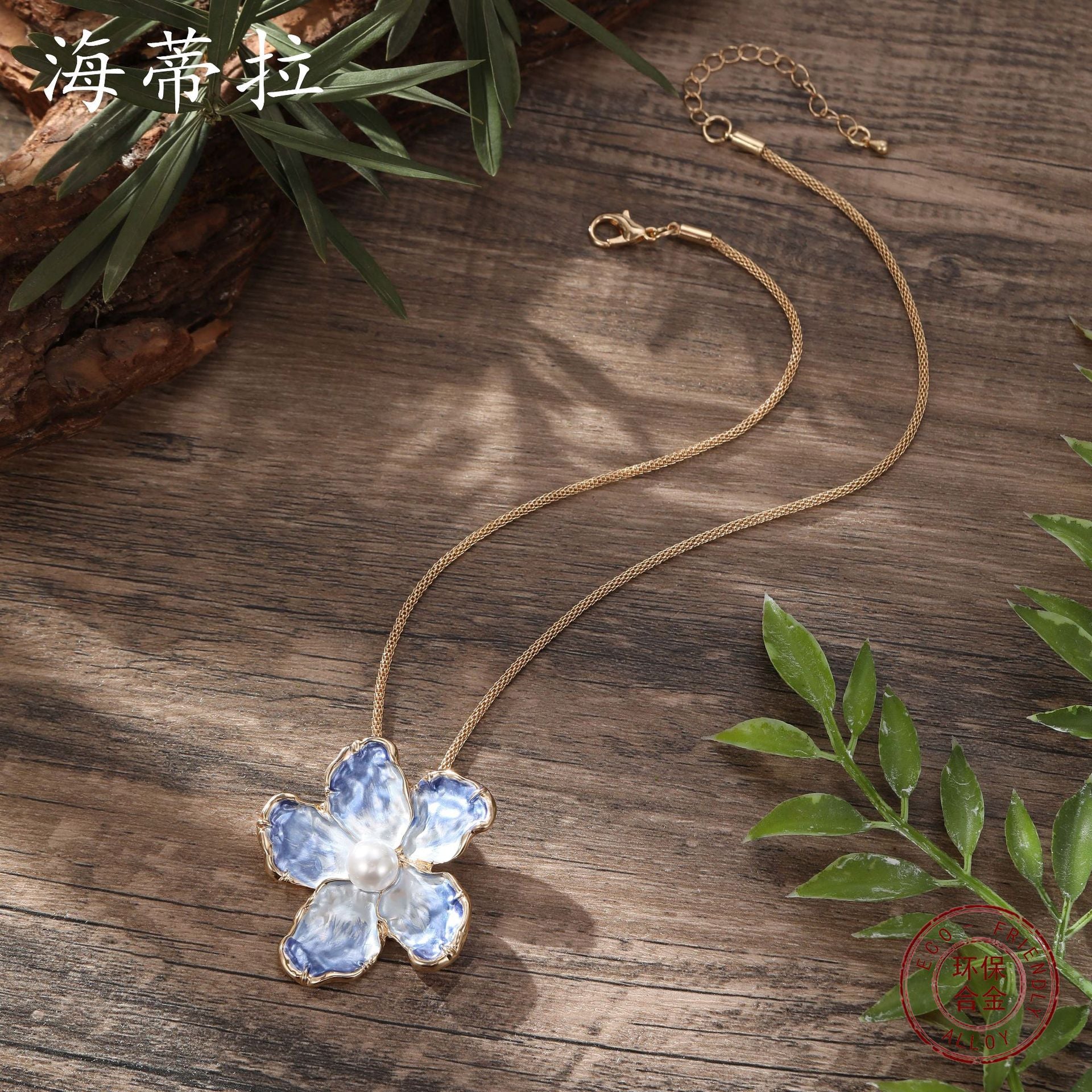 Wholesale  blue enamel camellia pendant fashion oil gradient flower necklace