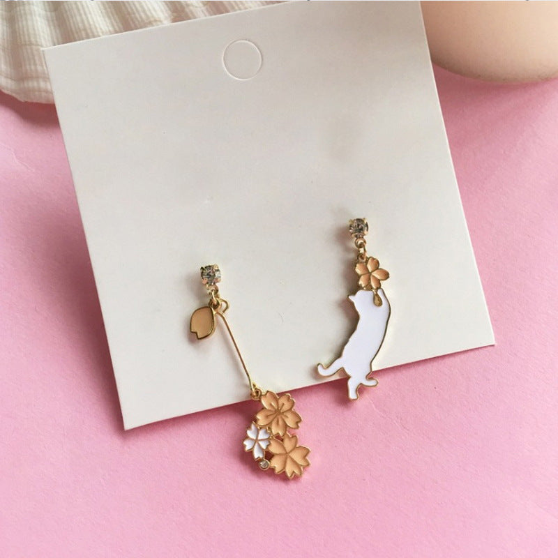 Wholesale  Cat Flower Asymmetric Long Tassel Pendant Rhinestone  Earrings