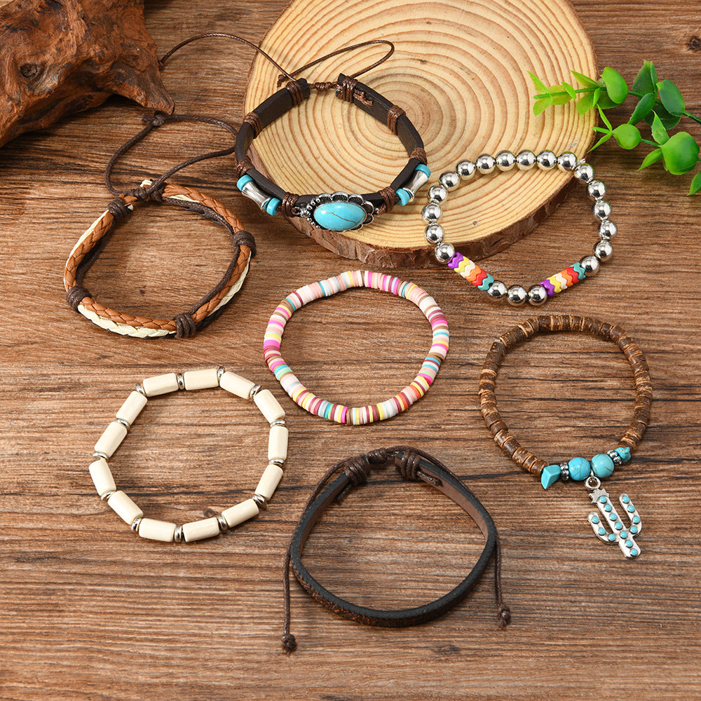 Wholesale Bohemian Style Women' s Cactus Leather Bracelet Cross-Border Jewelry New Mori Style Beaded Set Bracelet