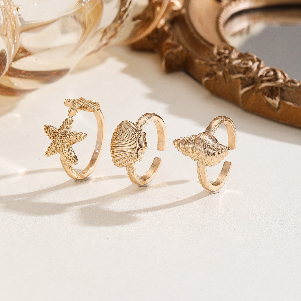 Wholesale Women S Adjustable Starfish Seashell Open Ring Set Gold Electroplated Fashion Jewelry Gift