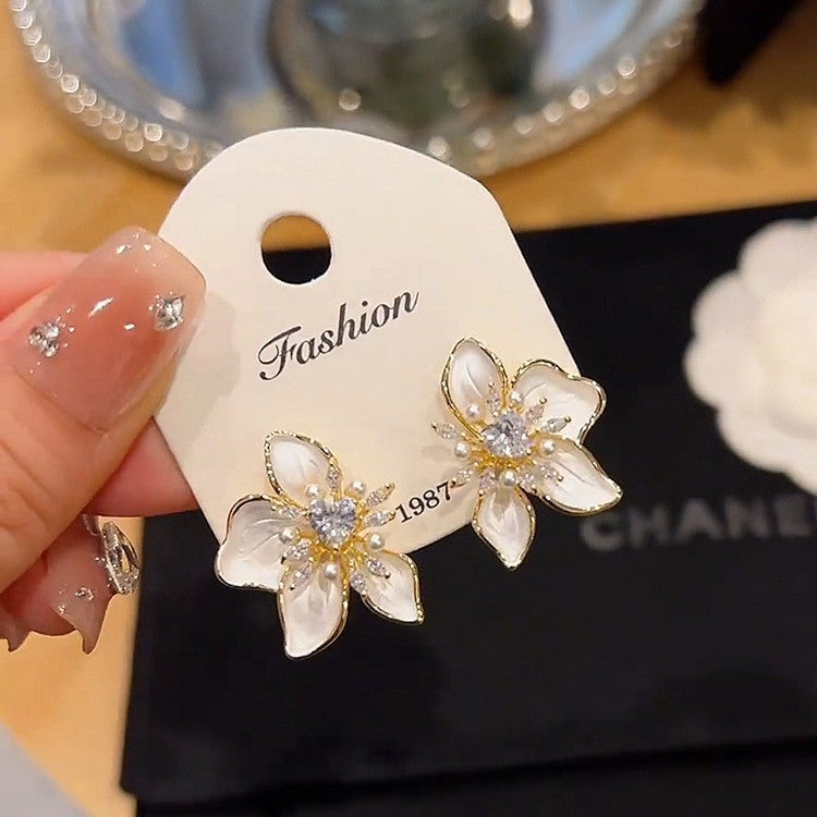 Wholesale Plated Copper Zircon Pearl Floral Earrings Fashion Jewelry Accessory for Boutique Resale