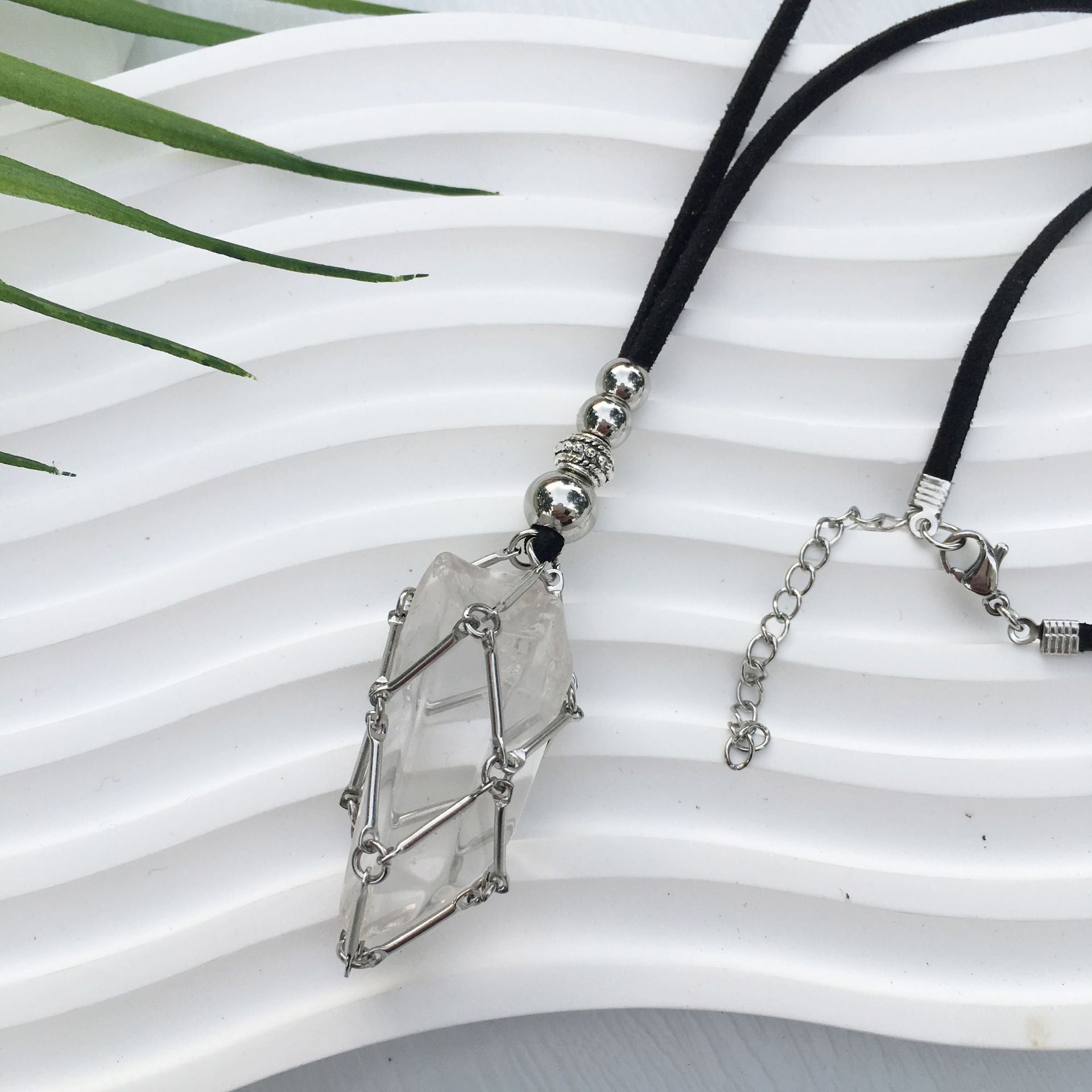 Wholesale Crystal Natural Stone Bamboo Adjustable Metal Mesh Necklace ACC-NE-RongGuan001