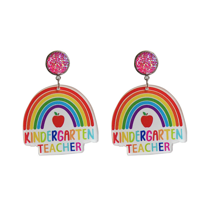Wholesale 2 Pairs/pack Rainbow Apple Leopard Print Glitter Acrylic Earrings Teacher's Day ACC-ES-HY021