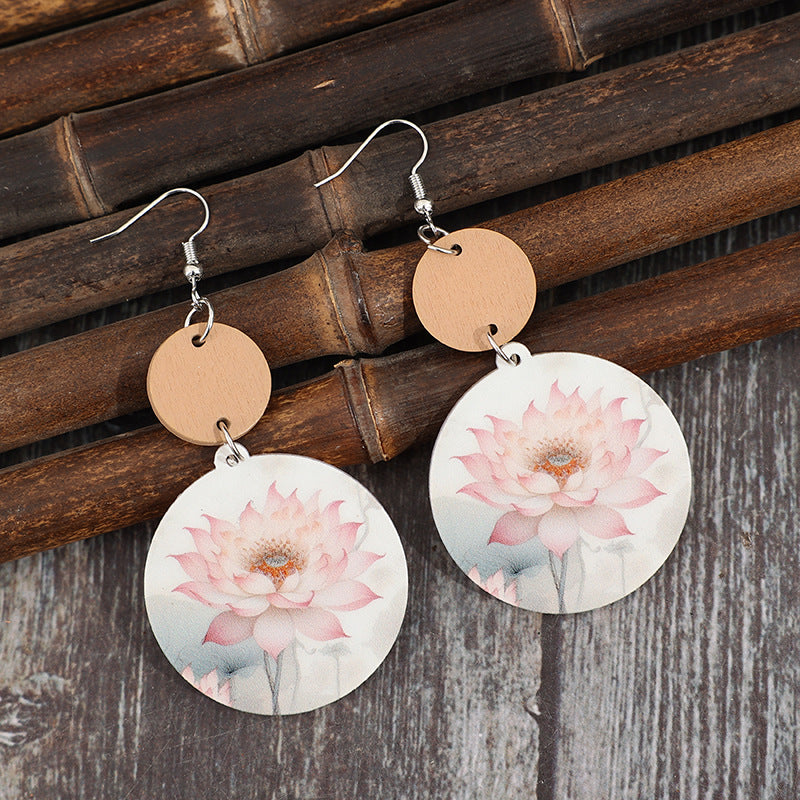 Wholesale Round stitching printed flower vintage acrylic earrings