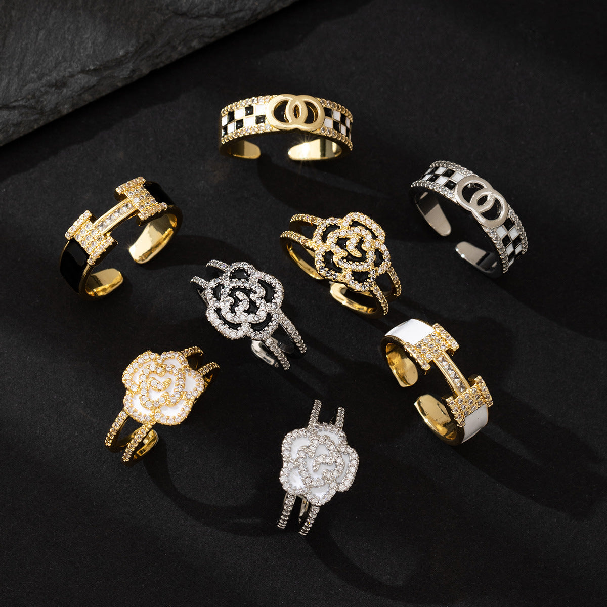 Wholesale Chic Geometric Zircon Ring For Women Gold Plated Copper Open Adjustable Band Fashion Accessory