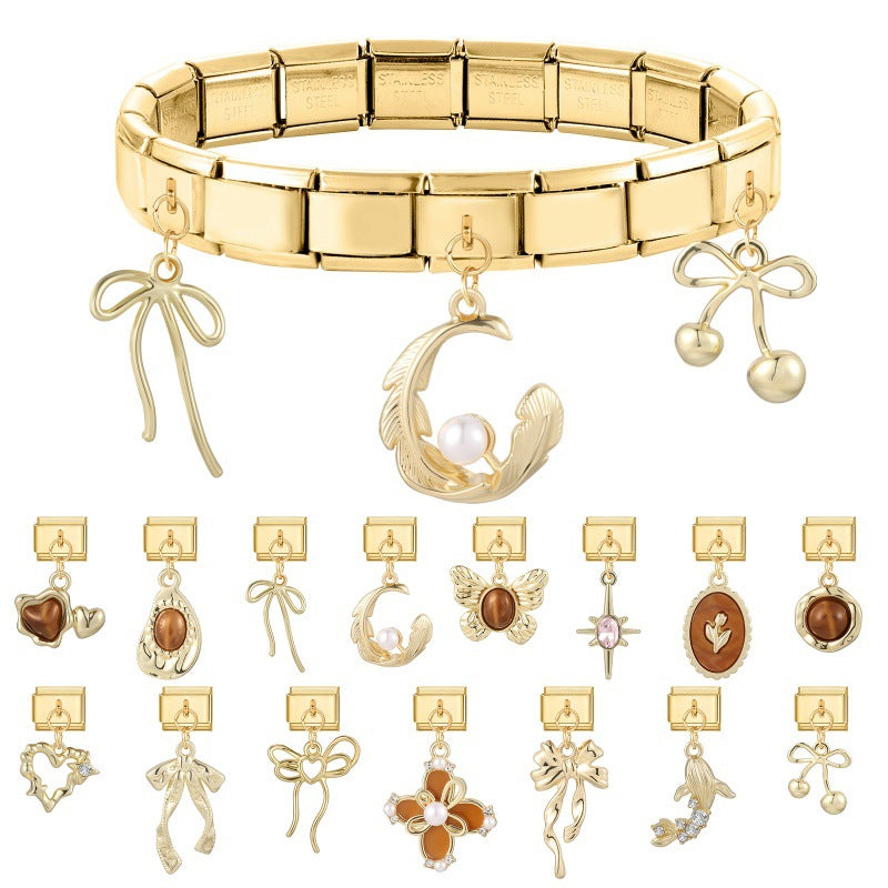Wholesale Stainless Steel DIY Charm Bracelet Pendant with Gold Heart and Flowers Jewelry Accessory