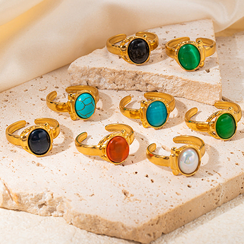 Wholesale Retro Adjustable Titanium Steel Ring with Multi-Color Natural Stone Jewelry Accessory